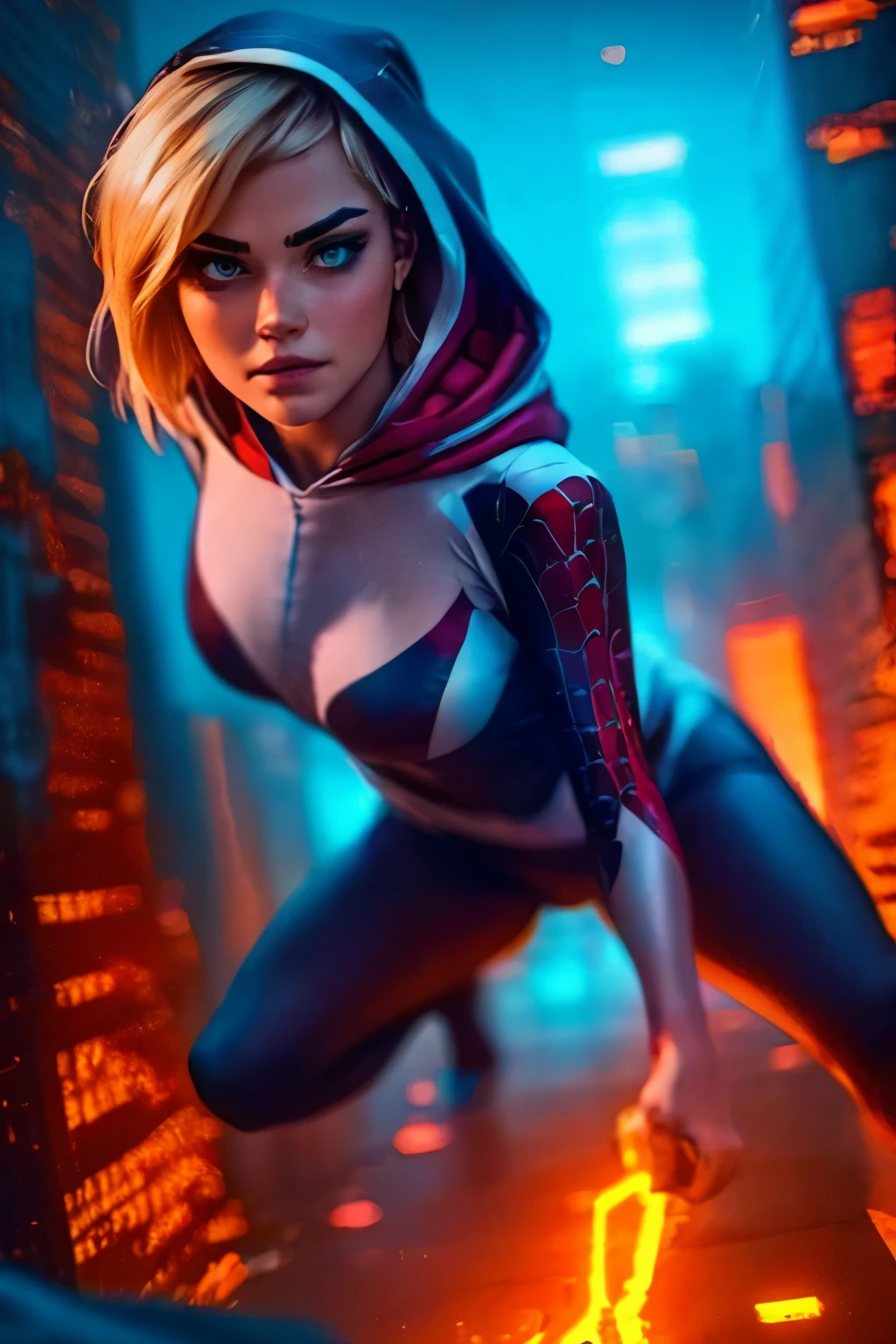 ((a teenage girl, 14yo, babe face)), with blonde hair, Wearing spider-gwen suit with hood, detailed facial features, beautiful detailed eyes, beautiful detailed lips, extremely detailed face, dynamic spider-themed superhero pose,web-slinging action, futuristic cityscape background, neon lighting, cinematic lighting, dark and moody atmosphere, rich colors, vibrant, digital art, 8k, hyper detailed, photorealistic, masterpiece. ((colorful lights)). 