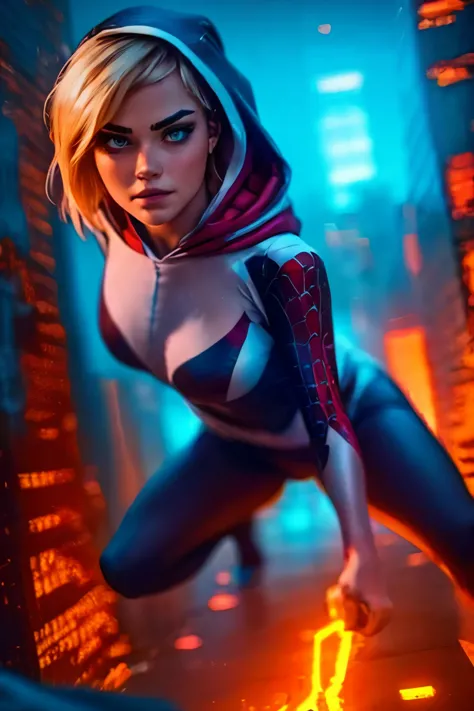 ((a teenage girl, 14yo, babe face)), with blonde hair, wearing spider-gwen suit with hood, detailed facial features, beautiful d...