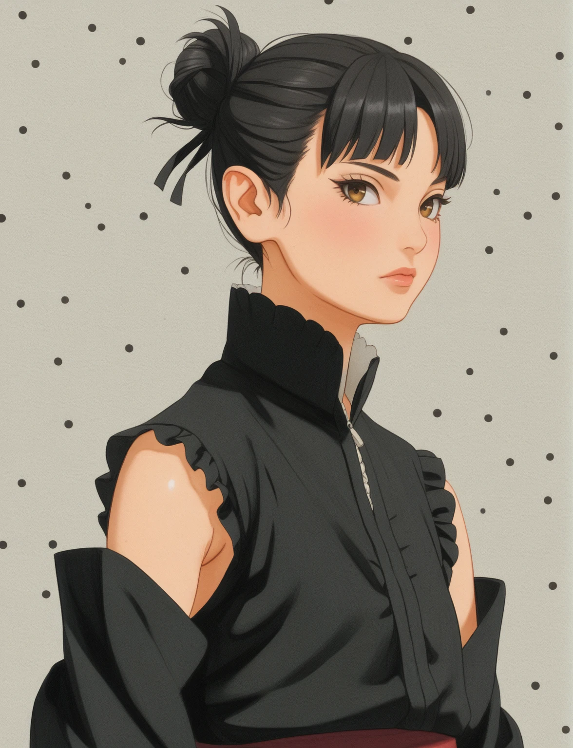 Create a digital illustration of a female character with elf ears with round dots instead of eyebrows. For the hairstyle, she should have black hair styled into a single bun at the back of her head, complemented by asymmetrically chopped bangs that transition into a long lock on one side. Her outfit should match short hakama with detached sleeves and frills under the shorts and the sleeves, in a gothic style, featuring intricate white lace patterns, detailed cutouts, and a white obi with a black seigaiha black pattern. The upper part of the outfit should be a sleeveless kimono blouse. The outfit should include layered skirts and ribbon details to emphasize a similar aesthetic. Add a muted background that complements her striking attire and hairstyle. Artwork in the style of guweiz, digital art inspired by the style of Ilya Kuvshinov.