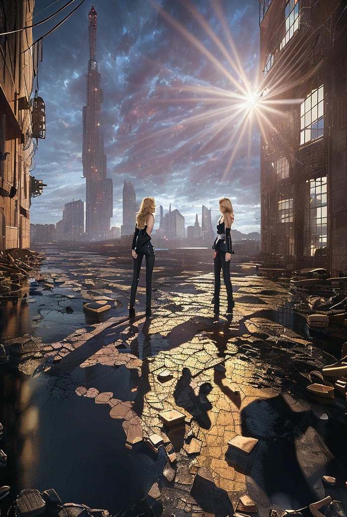 Beautiful girls, blonde,wearing black leather pants and shirt,  urban background 2080epic, Multiple views, Wide angle, Rays of God, surrealism, , 