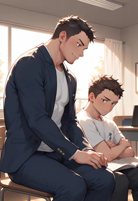 a boy is sitting in a chair studying in his room, while another man stands next to him, tutoring him. the boy is a japanese male...