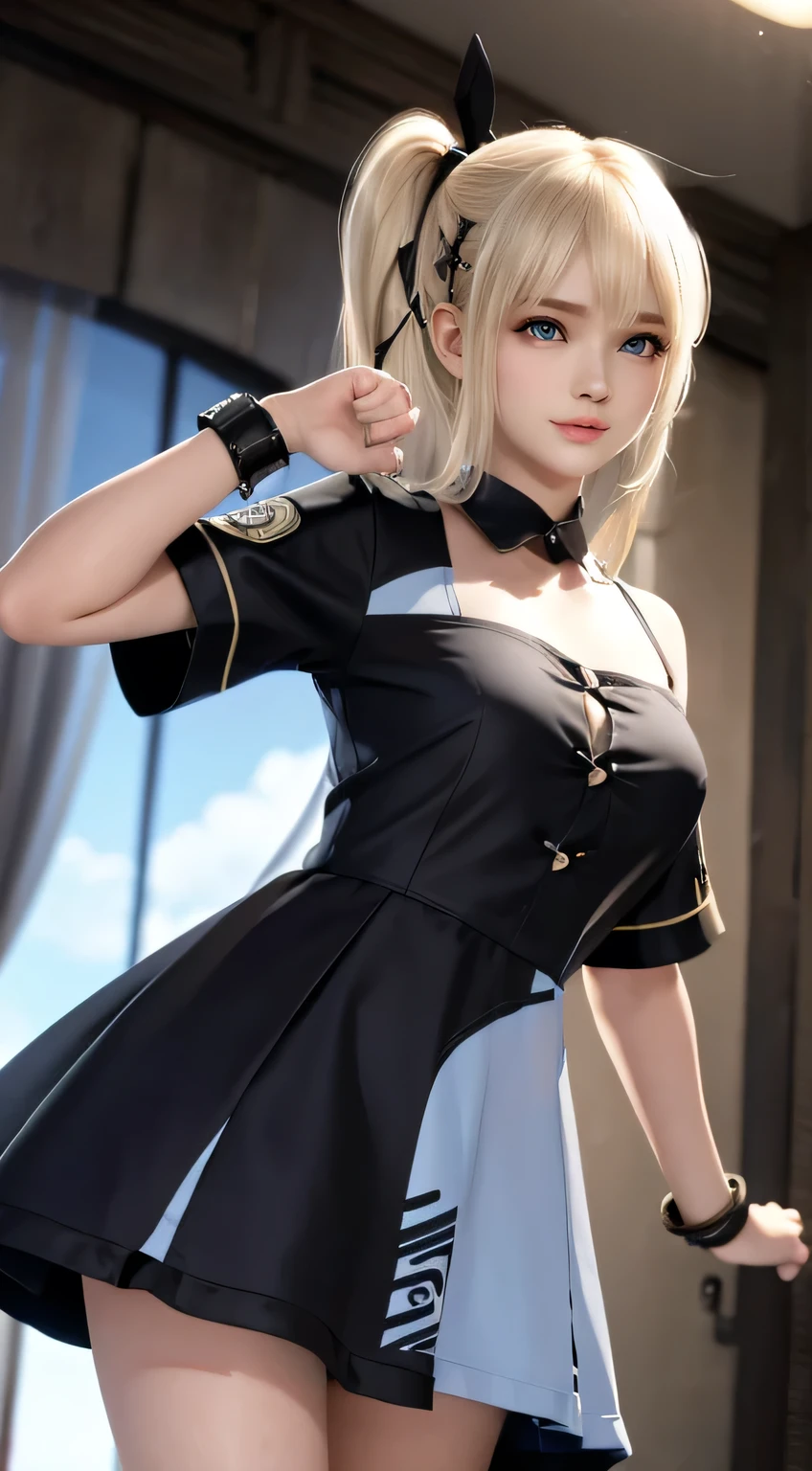 Marie Rose、blondehair、((12year old)), hair((Wavy, Black)), Eyes((Smart Eyes, Black)), Clothes((satin, Mini dress, Ribbon trim, Light blue, Light blue)), Accessories ((hair clips, shock, Bracelet)), Ponytail, huge tit, huge-breasted, Korean Makeup Look, Happy, stage, Spotlight, concert, Smiling, Smile expression, Dancing, clothing name zudoteki