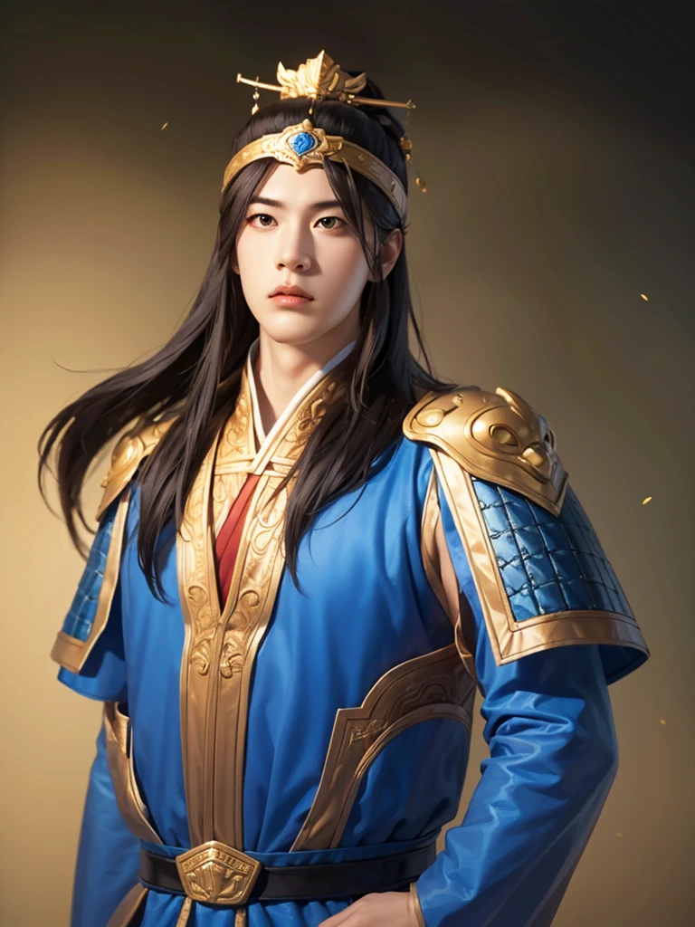 1 man in Han dynasty armor、There are exquisite patterns on the armor of the Han Dynasty、Beautiful boy、、whole body娇嫩的身体, Exquisite eyes、Long hair,、Hair accessories、Eternal,、whole body、Three Kingdoms、， Solid background, Smoky environment, Adds a touch of mystery and drama to the scene. Soft and even lighting, Cast soft shadows, Create an atmosphere of seriousness and focus.