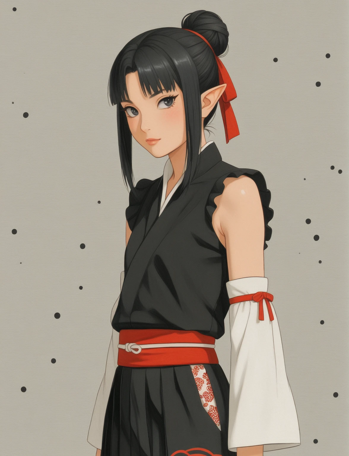 Create a digital illustration of a female character with almond-shaped black eyes, elf ears, and round dots instead of eyebrows. For the hairstyle, she should have black hair styled into a single bun at the back of her head, complemented by asymmetrically chopped bangs that transition into a long lock on one side. Her outfit should match short hakama with detached sleeves and frills under the shorts and the sleeves, in a gothic style, featuring intricate white lace patterns, detailed cutouts, and a white obi with a black seigaiha black pattern. The upper part of the outfit should be a sleeveless kimono blouse. The outfit should include layered skirts and ribbon details to emphasize a similar aesthetic. Add a muted background that complements her striking attire and hairstyle. Artwork in the style of guweiz, digital art inspired by the style of Ilya Kuvshinov.