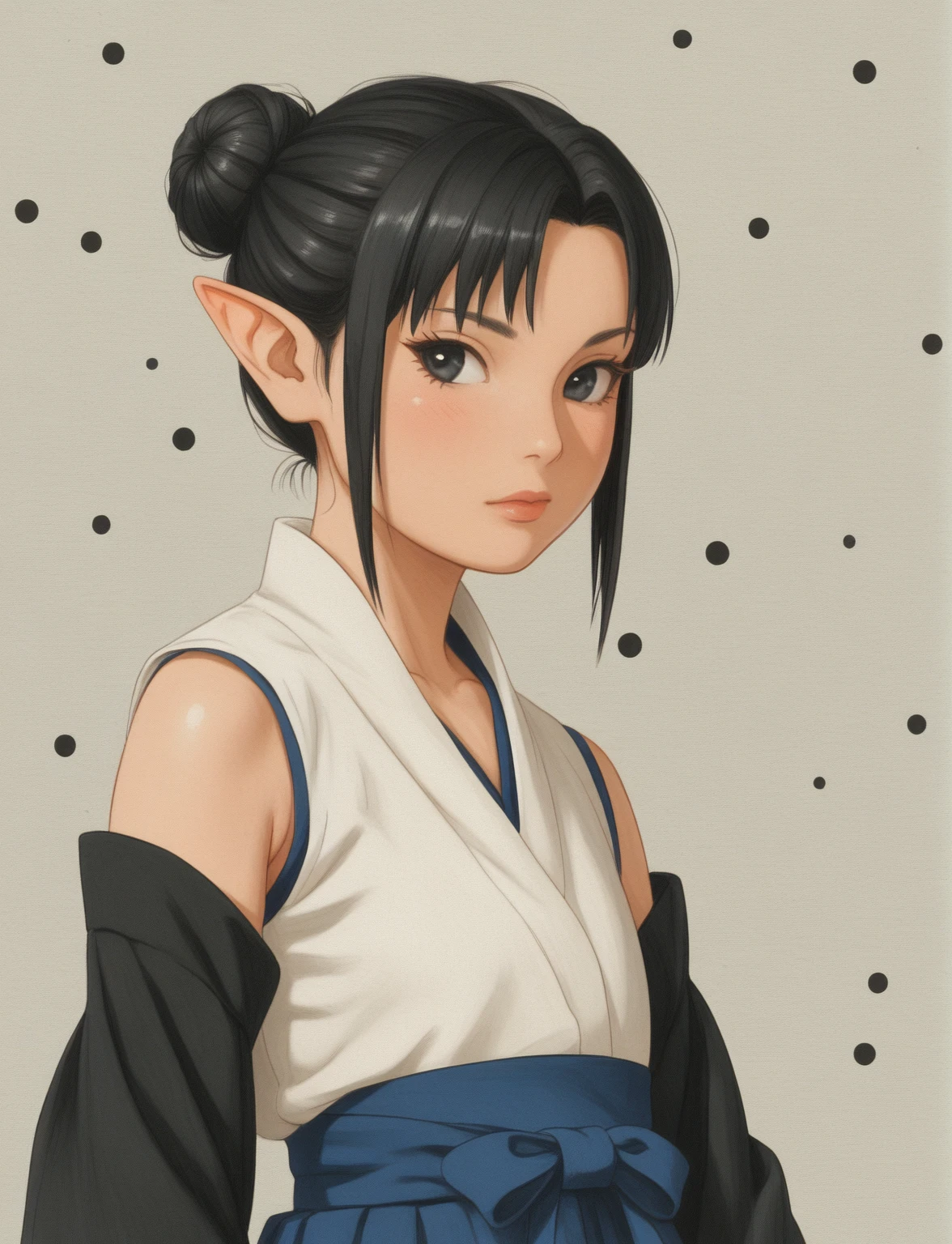 Create a digital illustration of a female character with almond-shaped black eyes, elf ears, and round dots instead of eyebrows. For the hairstyle, she should have black hair styled into a single bun at the back of her head, complemented by asymmetrically chopped bangs that transition into a long lock on one side. Her outfit should match short hakama with detached sleeves and frills under the shorts and the sleeves, in a gothic style, featuring intricate white lace patterns, detailed cutouts, and a white obi with a black seigaiha black pattern. The upper part of the outfit should be a sleeveless kimono blouse. The outfit should include layered skirts and ribbon details to emphasize a similar aesthetic. Add a muted background that complements her striking attire and hairstyle. Artwork in the style of guweiz, digital art inspired by the style of Ilya Kuvshinov.