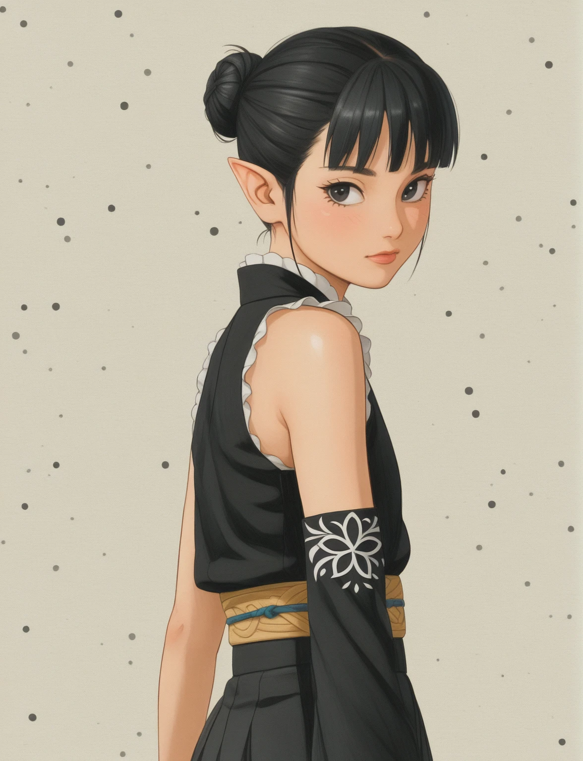 Create a digital illustration of a female character with almond-shaped black eyes, elf ears, and round dots instead of eyebrows. For the hairstyle, she should have black hair styled into a single bun at the back of her head, complemented by asymmetrically chopped bangs that transition into a long lock on one side. Her outfit should match short hakama with detached sleeves and frills under the shorts and the sleeves, in a gothic style, featuring intricate white lace patterns, detailed cutouts, and a white obi with a black seigaiha black pattern. The upper part of the outfit should be a sleeveless kimono blouse. The outfit should include layered skirts and ribbon details to emphasize a similar aesthetic. Add a muted background that complements her striking attire and hairstyle. Artwork in the style of guweiz, digital art inspired by the style of Ilya Kuvshinov.