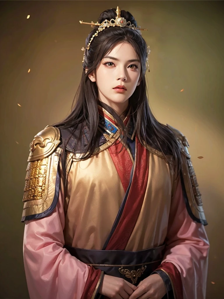 1 man in Han dynasty armor、There are exquisite patterns on the armor of the Han Dynasty、Beautiful Boy、、whole body娇嫩的身体, Exquisite eyes、Long hair,、Hair accessories、Eternal,、whole body、Three Kingdoms、， Solid background, Smoky environment, Adds a touch of mystery and drama to the scene. Soft and even lighting, Cast soft shadows, Create an atmosphere of seriousness and focus.