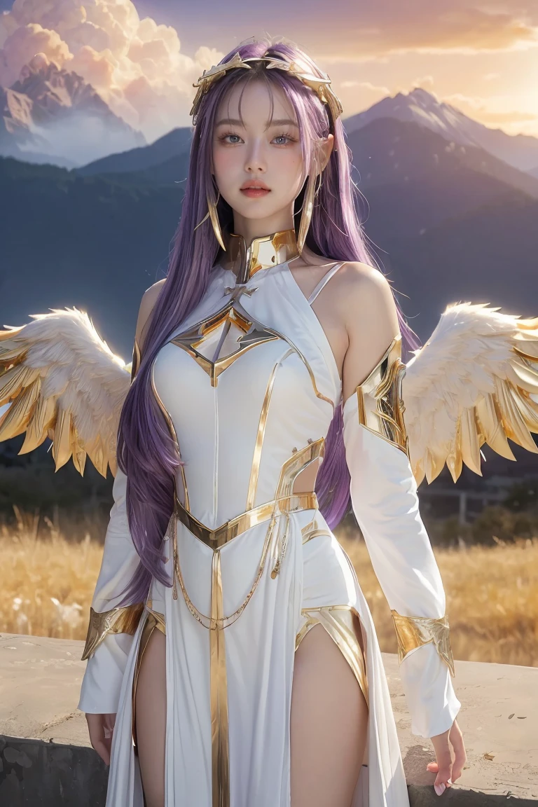 ((masterpiece, best quality, extremely detailed), volumetric lighting, ambient occlusion, colorful, glowing), 
1girl, solo, young girl, (purple hair), long hair, halo, aura, sacred, goddess, cleric suit, (white outfit with gold detailst:1.3), angel wings,
outdoors, sunset, sky, clouds, space, (fantasy theme:1.2),