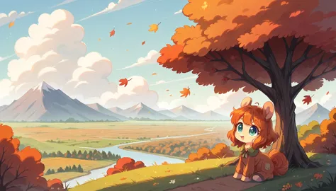 autumn, blown by the wind, cute whimsica ,landscape,wallpaper background