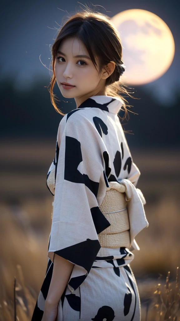 1 girl, (She is wearing a cute yukata:1.2), Very beautiful Japanese idol portraits(RAW Photo Best Quality), (Realistic, Realistic:1.4), (masterpiece), 
So delicate and beautiful, Very detailed, 2k wallpaper, wonderful, finely, Very detailed CG Unity 8K wallpaper, Very detailed, High resolution, Soft Light, 
Beautiful detailed girl, Very detailed目と顔, Beautiful and sophisticated nose, Beautiful beautiful eyes, Cinema Lighting, 
(Late Autumn Moonlit Night、I was standing in a desolate field:1.3), (hill), (Big Moon), (Full-body silhouette of a girl floating in the moonlight:1.4), (Dark screen:1.5), (wonderful雰囲気),
(Medium Hair), (Hair blowing in the wind), 
Perfect Anatomy, Slender body, Small breasts