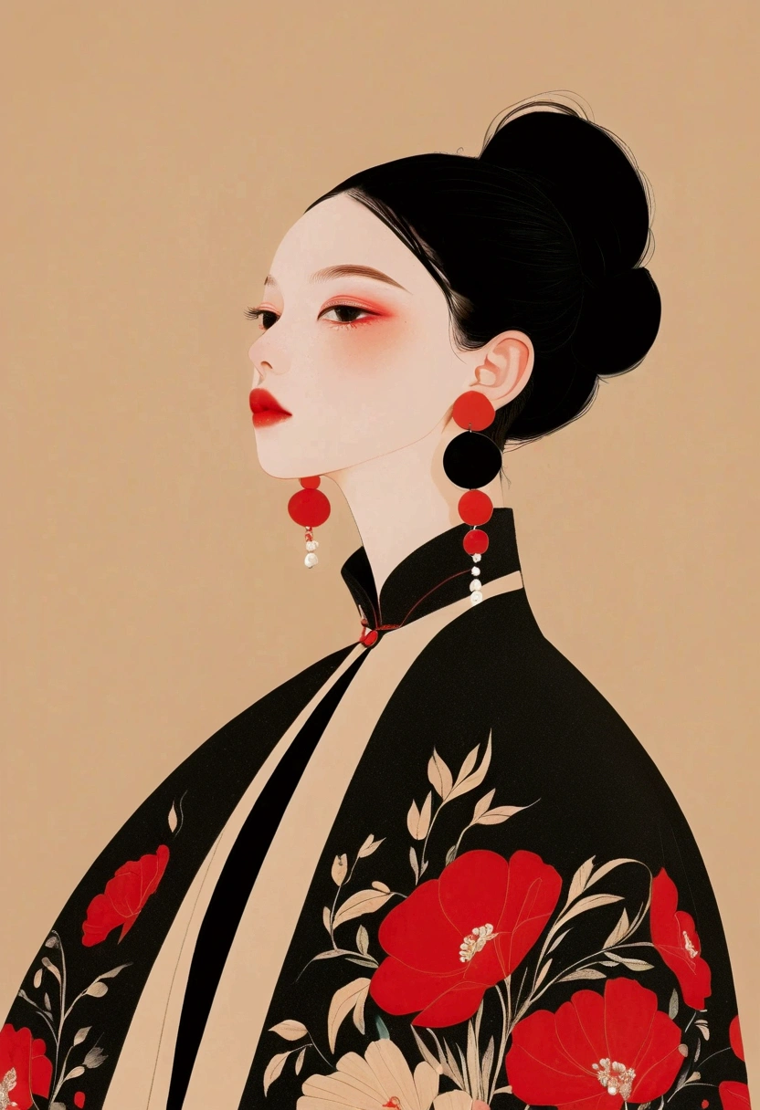 High contrast digital artwork featuring a person with intricate black hair styled into large, rounded buns. The individual is wearing a black dress with a high collar and an accent of red floral patterns on the shoulder. Elaborate, long red earrings complement the outfit. The background consists of a bold red circular element, contrasting sharply against a soft beige backdrop, which enhances the visual impact of the artwork.