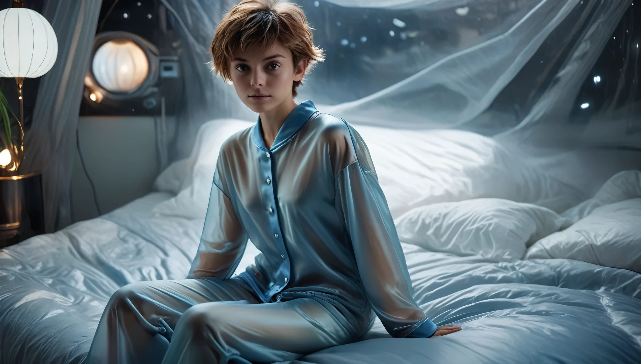 Top Quality, Masterpiece, High Resolution, 8k, (photorealistic:1.4), full body, (oversized thin silky see-through pajama.:1.1), spaceship, bed with puffer bedlinen, dim light, beautiful woman, skinny, small breasts, pixie asymmetrical hair, detailed face, shy expression, facing the camera, photo taken from a distance, age of 20 years old, pastel colors 