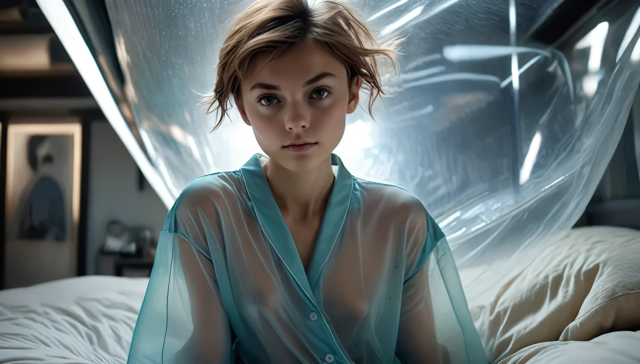 Top Quality, Masterpiece, High Resolution, 8k, (photorealistic:1.4), full body, (oversized thin silky see-through pajama.:1.1), spaceship, bed with puffer bedlinen, dim light, beautiful woman, skinny, small breasts, pixie asymmetrical hair, detailed face, shy expression, facing the camera, photo taken from a distance, age of 20 years old, pastel colors 