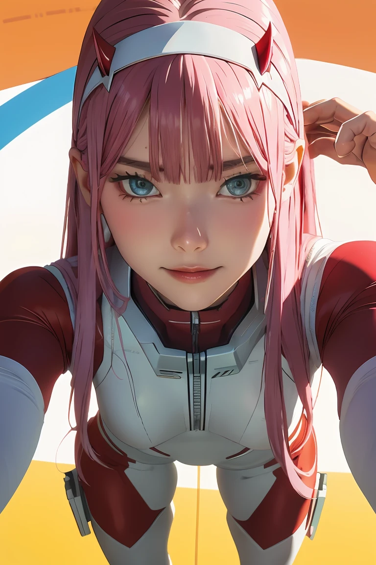 ((best quality)),((highly detailed)),masterpiece,absurdres,detailed face,beautiful face,((detailed eyes, deep eyes)),(1girl),((dynamic pose)), Zero_Two, green eyes, 1girl, solo, red bodysuit, long hair, pilot suit, pink hair, bodysuit, straight hair, hairband, standing, horns, breasts, bangs, closed mouth, looking at viewer, medium breasts, white hairband, skin tight, blunt bangs, makeup, eyeshadow, very long hair, sidelocks, expressionless, hair between eyes, red horns, shiny hair, towards viewer, smile,