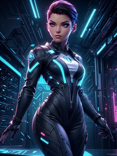 very slim female in buzz cut hairstyle hacker, in leather cooling jumpsuit with glowing with white light vertical stitching wire...