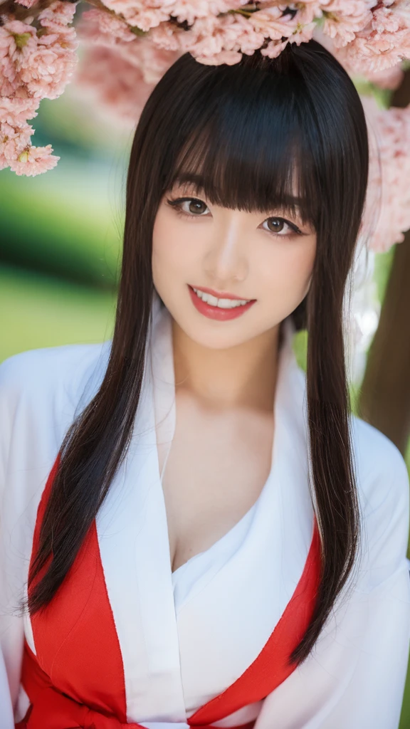 (Ultra-high resolution, Realistic, Realistic, Best Quality, Photorealistic), 8k, Original photo, ( Physically Based Rendering, Auto White Balance), A sense of technology, Best Quality, (masterpiece;1.2), shape, CG, Unity, wonderful, Fine points, Very detailed, (Detailed skin), One Girl,2, ((Bob Hair)), kimono, Red too, Black Hair, There is a brown tuft of hair on the left side of the bangs., (Big Breasts), skinny, Looking into the camera, smile,、、、, (かわいらしいsmile, look up, I parted my lips),, (Heavy chest:1.1, ), Huge breasts), (Heavy chest:1.1, ),, Cherry blossom background in full bloom,,,(Cowboy Shot:1.4), , 
