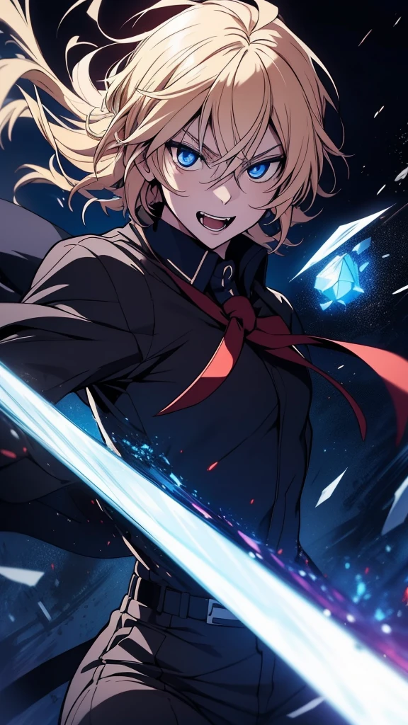 (high-quality, breathtaking),(expressive eyes, perfect face) 1boy, male, solo, teenager, strawberry blonde hair color, flowy floating hair, bright blue eye color, short hair length, looking at viewer, half body, ((crazy open mouth smile with fangs)), (extremely happy) dark black blue long sleeved shirt, collared shirt, ((dark black blue dress pants)), jujutsu kaisen uniform, jujutsu high school uniform, flowy hair, , portrait, stylized hairstyle, (Activating domain expansion), (floating hair), character focus, ((black light)),((dark lighting)), cinematic lighting ,(darkness), (concept art), (glowing eyes), high resolution, extremely detailed CG unity 8k wallpaper, ((masterpiece)), ((top-quality)), (beautiful illustration), (sky scrapper windows background), (busting out of a skyscrapper background) (In the sky background) (breaking glass background), (glass shards flying towards camera) (Falling pose), (Guess Face Smile), (yandere)