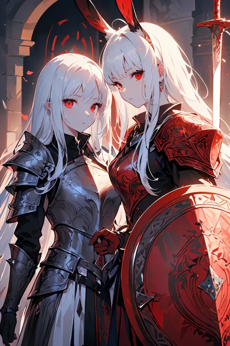 ((best quality)), ((masterpiece)), (detailed), perfect face, albino warrior, ((long white hair, white skin, red eyes)), black ma...