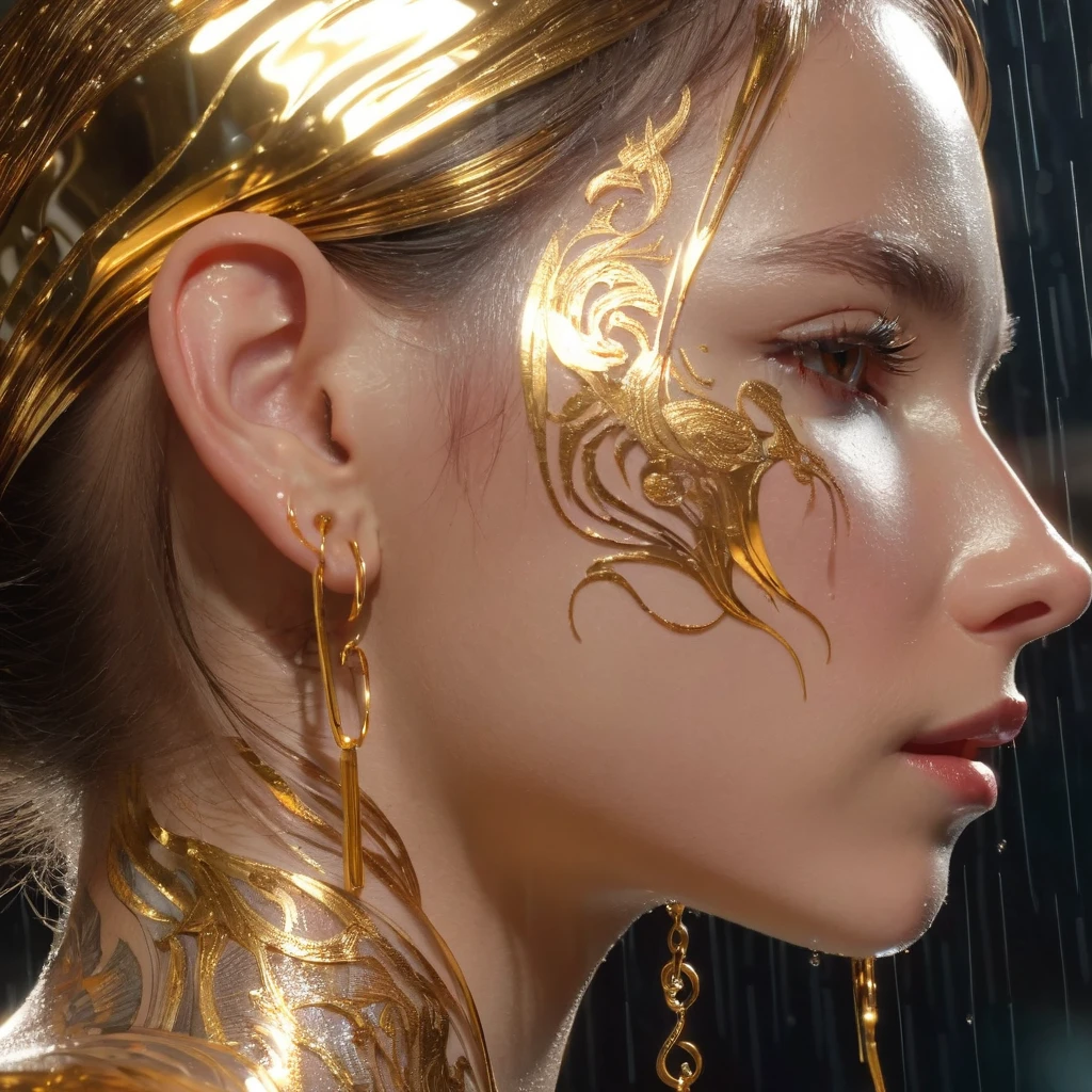 gold tattoos with a girl in rain with golden earrings, in the style of vray tracing, martin ansin, yuumei, poured, close up, dark white and gold, speedpainting, masterpiece, best quality,