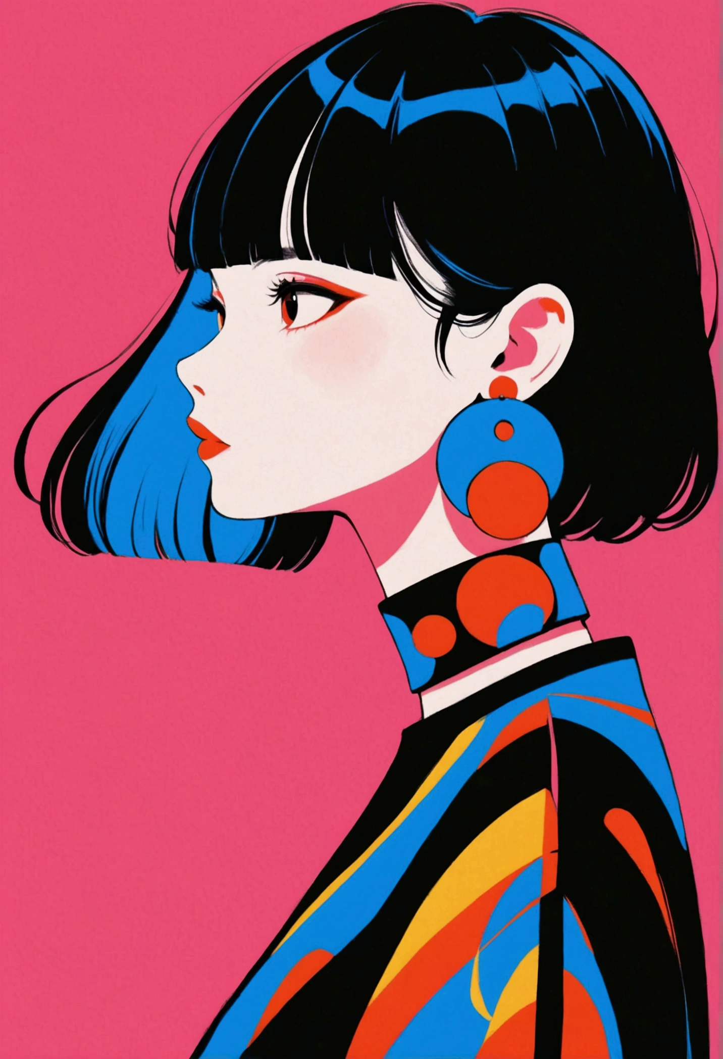 short, straight black hair with bangs, large round white and red earrings, standing with head turned to the side, wearing a black top with a blue collar, looking towards the right, pink background, bold and colorful illustration style, well-defined edges, high contrast colors, bright and lively atmosphere, artistic and modern.