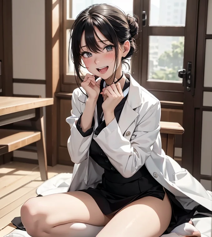 nsfw:1.1,(Best Quality, Ultra fine, Absolute Resolution, Full Color:1.3),(Beautiful Face),((A beautiful female doctor)),(Ecstasy),(Full blush) ,(Half-open eyes,A sad face、Inviting eyes)Wide open mouth yawn:1.3),((Poses that excite men.Exciting thin white coat))、Hair tied up in a bun、(Tight short black skirt, black stockings, sitting cross-legged)