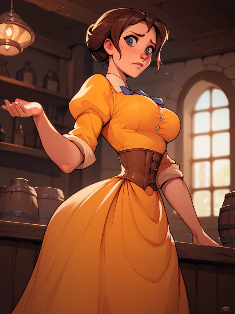 score_9, score_8_up, score_7_up, score_6_up, cute girl in a tavern, puffy sleeves, yellow dress, corset, curvy, medium breasts, narrow waist, wide hips, thick thighs, looking at viewer, dynamic angle, cowboy shot, cartoon, dynamic pose, from side, nervous, 
 JanePorterXLP