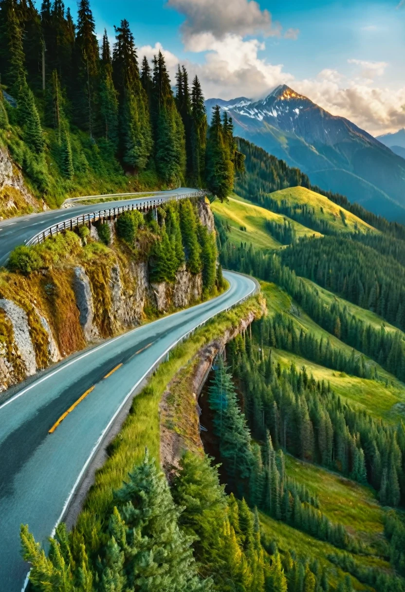 a scenic mountain road in summer, lush coniferous forest, snow-capped mountains in the background, (best quality,4k,8k,highres,masterpiece:1.2),ultra-detailed,(realistic,photorealistic,photo-realistic:1.37),cinematic lighting,dramatic sky,golden hour lighting,vibrant colors,detailed foliage,winding road,serene atmosphere,picturesque landscape