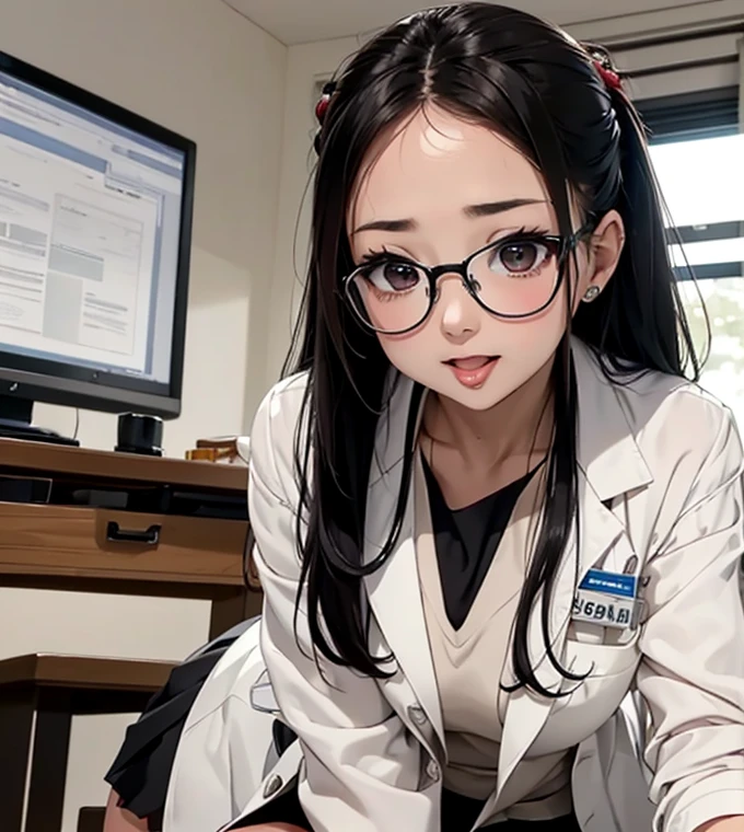 nsfw:1.1,(Best Quality, Ultra fine, Absolute Resolution, Full Color:1.3),(Beautiful Face),((A beautiful female doctor)),(Ecstasy),(Full blush) ,(Half-open eyes,A sad face、Inviting eyes),(Wide open mouth yawn:1.3),((Poses that excite men.Exciting thin white coat))、Hair tied up in a bun、Glasses、(Tight short black skirt, black stockings, sitting cross-legged)