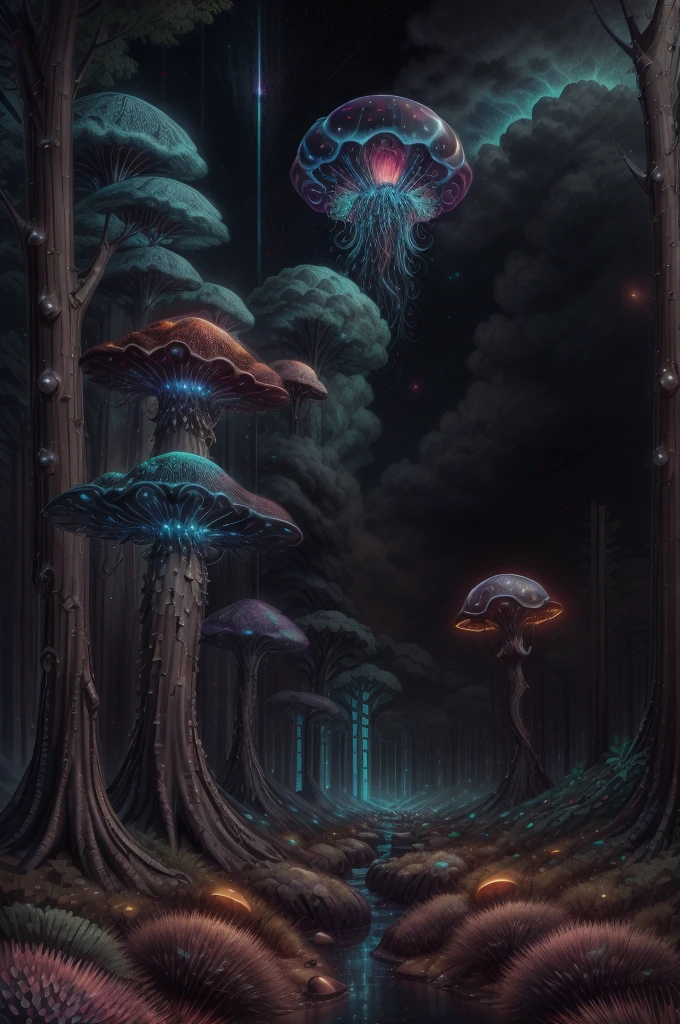 jellyfish swimming in a pine forest with magic mushrooms, starry sky and nebulae, digital art, psychedelic theme, vivid colors, saturated colors