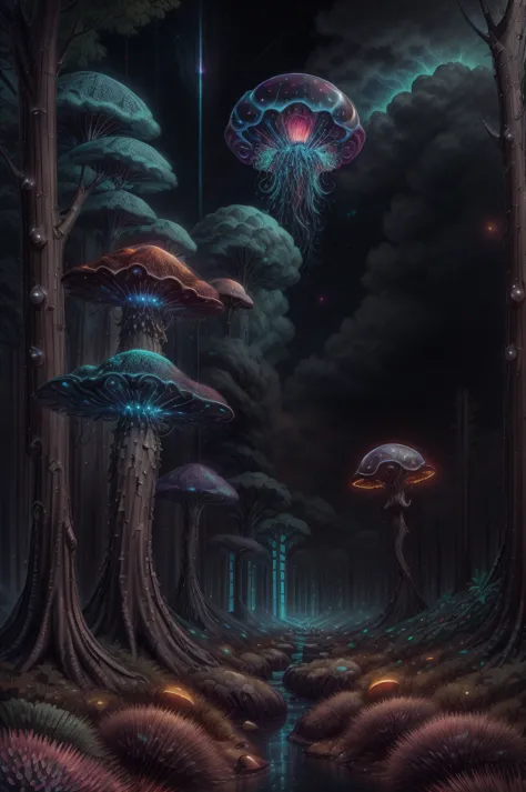 jellyfish swimming in a pine forest with magic mushrooms, starry sky and nebulae, digital art, psychedelic theme, vivid colors, ...