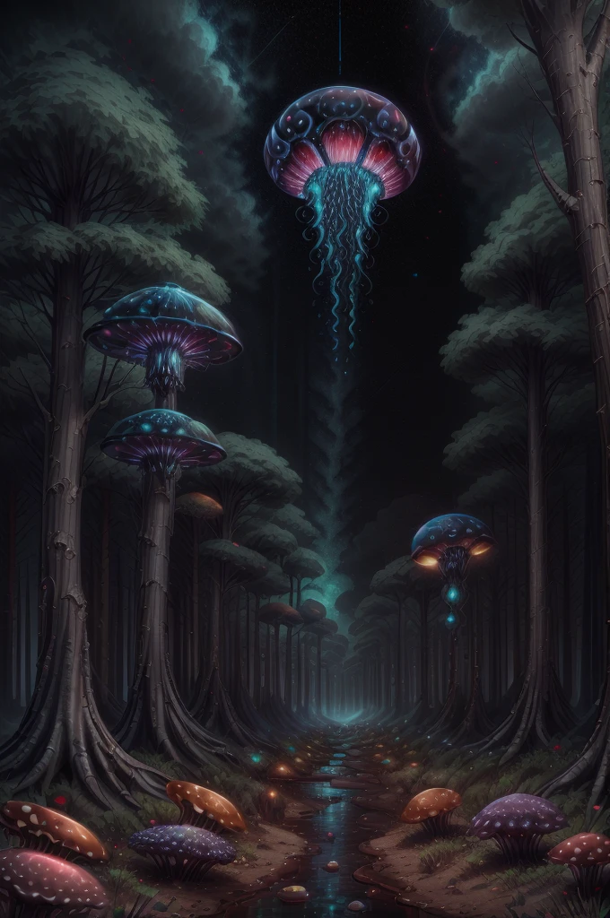 jellyfish swimming in a pine forest with magic mushrooms, starry sky and nebulae, digital art, psychedelic theme, vivid colors, saturated colors