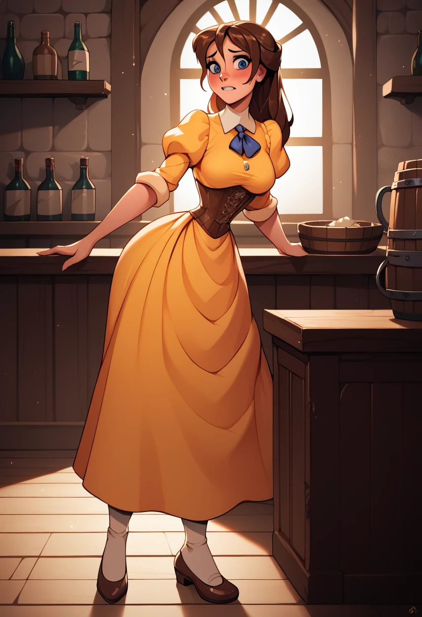 score_9, score_8_up, score_7_up, score_6_up, cute girl in a tavern, puffy sleeves, yellow dress, corset, curvy, medium breasts, narrow waist, wide hips, thick thighs, looking at viewer, dynamic angle, full body, cartoon, dynamic pose, from side, nervous, 
 JanePorterXLP