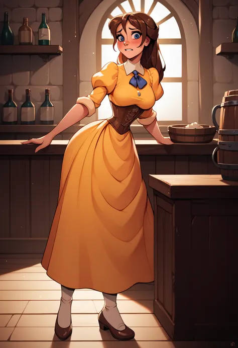 score_9, score_8_up, score_7_up, score_6_up, cute girl in a tavern, puffy sleeves, yellow dress, corset, curvy, medium breasts, ...