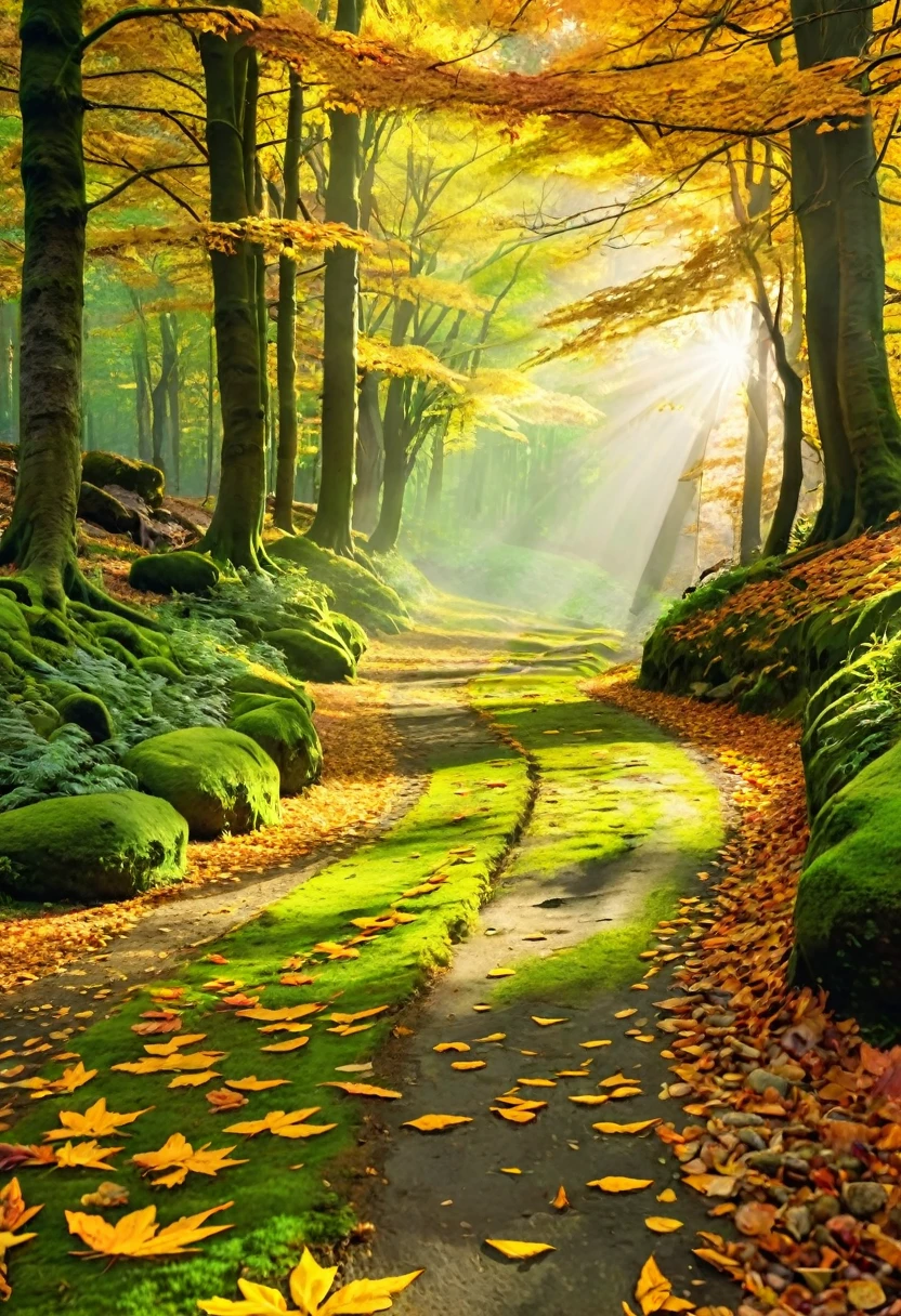 detailed autumn forest road, orange and yellow foliage, sunlight filtering through trees, winding path, fallen leaves on ground, lush greenery, mossy rocks, peaceful atmosphere, cinematic lighting, vibrant colors, photorealistic, (best quality,8k,highres,masterpiece:1.2),ultra-detailed,(realistic,photorealistic,photo-realistic:1.37),HDR,UHD,studio lighting,extremely detailed landscape,professional,vivid colors,dramatic lighting