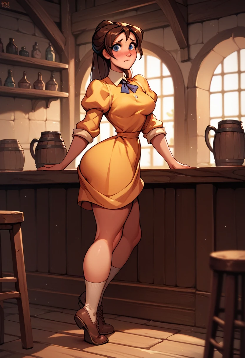 score_9, score_8_up, score_7_up, score_6_up, cute girl in a tavern, puffy sleeves, short dress, curvy, medium breasts, narrow waist, wide hips, thick thighs, looking at viewer, full body, cartoon, dynamic pose, from side, nervous, 
 JanePorterXLP