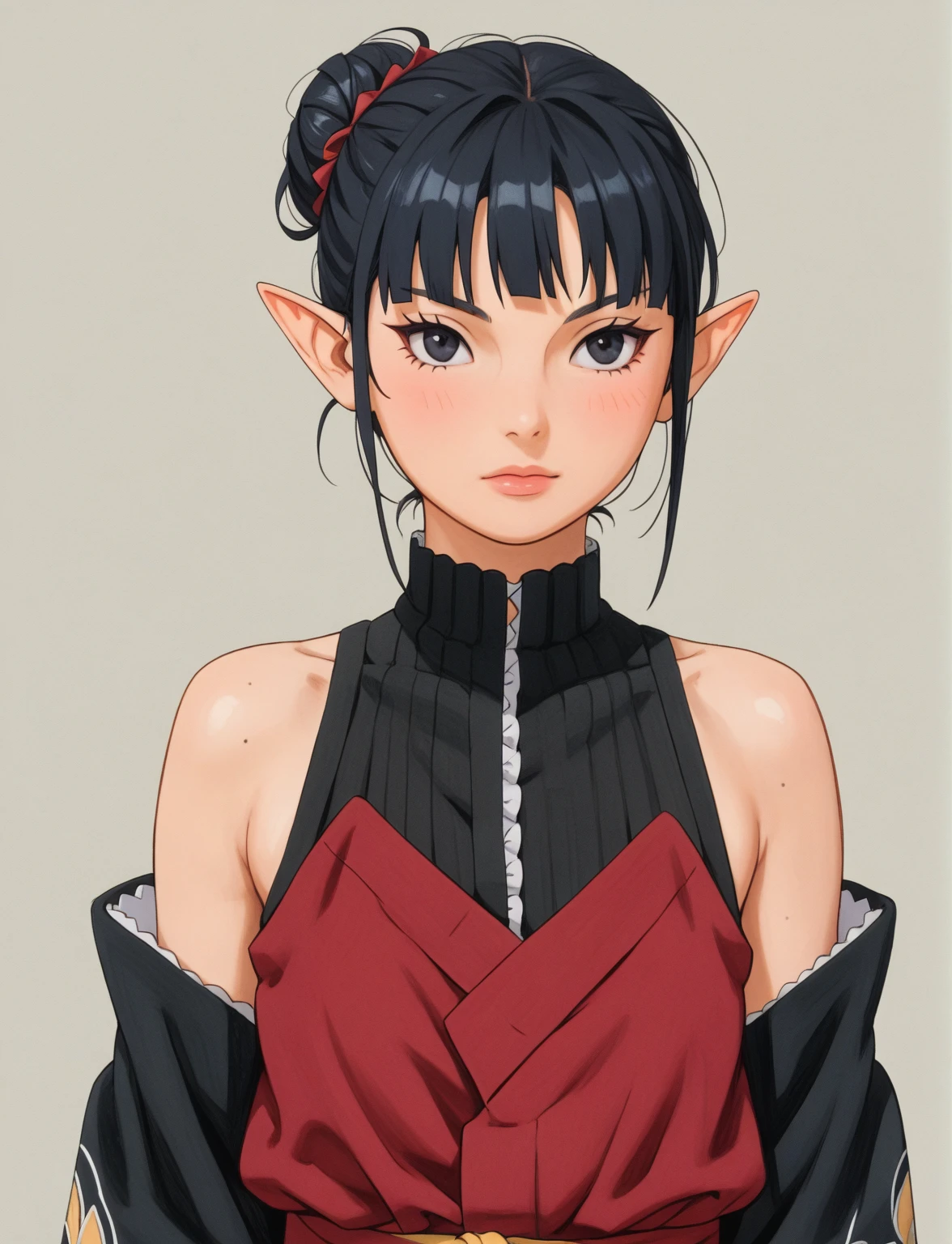 Create a digital illustration of a female character with almond-shaped black eyes, elf ears, and round dots instead of eyebrows. For the hairstyle, she should have black hair styled into a single bun at the back of her head, complemented by asymmetrically chopped bangs that transition into a long lock on one side. Her outfit should match short hakama with detached sleeves and frills under the shorts and the sleeves, in a gothic style, featuring intricate white lace patterns, detailed cutouts, and a white obi with a black seigaiha black pattern. The upper part of the outfit should be a sleeveless kimono blouse. The outfit should include layered skirts and ribbon details to emphasize a similar aesthetic. Add a muted background that complements her striking attire and hairstyle. Artwork in the style of guweiz, digital art inspired by the style of Ilya Kuvshinov.