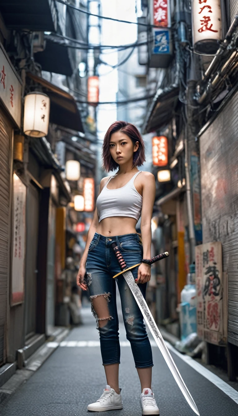 1girl, photorealistic portrait, extremely detailed skin texture, surrealism, photorealistic, japanese woman, large japanese sword, maximizing height, sword pointed at viewer, tank top, oversized jeans, sneakers, alley in shinjuku, innovative composition, full body shot, wistful expression, tattoos, dramatic lighting