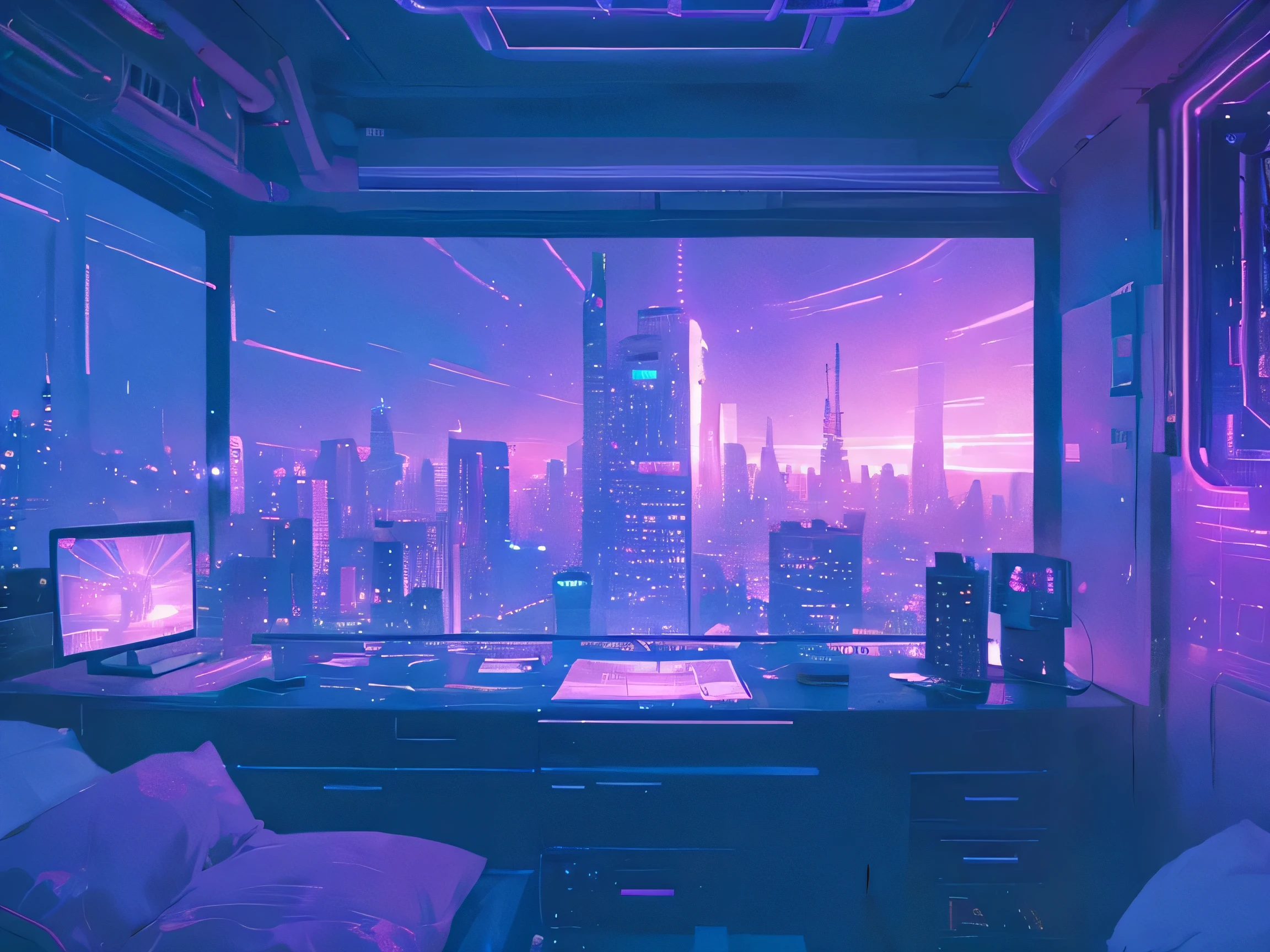 Cyberpunk, apartment, bedroom, aesthetic, night, pcsetup, purple and blue lights, city view, simple, vibey, landscape, graphic masterpiece of the highest quality landscape.