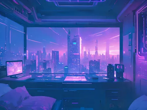 cyberpunk, apartment, bedroom, aesthetic, night, pcsetup, purple and blue lights, city view, simple, vibey, landscape, graphic m...