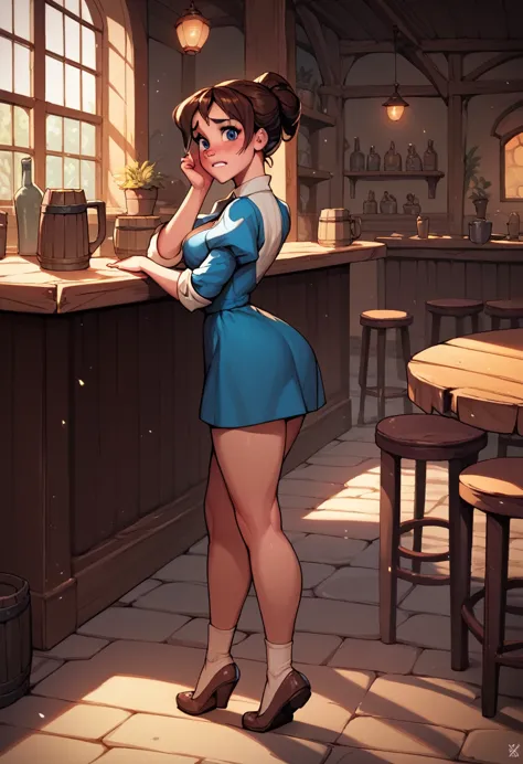 score_9, score_8_up, score_7_up, score_6_up, cute girl in a tavern, puffy sleeves, short dress, curvy, medium breasts, looking a...