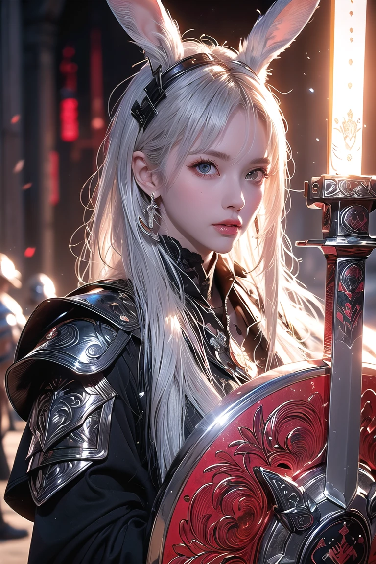 ((best quality)), ((masterpiece)), (detailed), perfect face, Albino warrior, ((long white hair, white skin, red eyes)), black magic sword, (Great sword engraved with red runes), crazy eyes, haggard cheeks, fantasy novel, 2 ladies, ((Silver armor, gloves, and a shield with a pattern engraved on it)), rabbit ears, Baroque, cinematic lighting