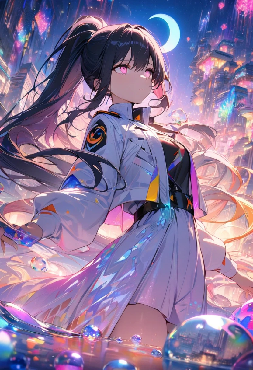 1Girl, long flowing hair, high ponytail, multi colored hair, floating city, glowing eyes, White jacket Uniform with zig zag line, expressionless , looking to the sky, colorful object on the sky, (dreamy:1.1), flowers bloom , glowing crystal jewelry, bubble reflection, crescent moon and stars, (masterpieces:1.3),(outdoor lighting:1.1),(dreamy:0.5),(sky paint:0.25),(chaotic:0.25) ,gloss