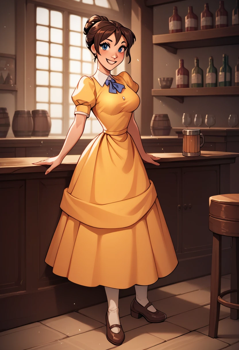 score_9, score_8_up, score_7_up, score_6_up, cute girl in a tavern, puffy sleeves, short sleeves, short yellow dress, slender, medium breasts, looking at viewer, full body, cartoon, dynamic pose, smile
 JanePorterXLP