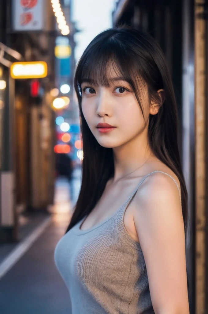 Single girl, summer, city, Osaka street, evening, city lights, medium body shot, close-up, 8k, RAW photo, highest quality, masterpiece, real, photorealistic, large breast:1.2, open shoulder, long hair, knit strap tanktop,Looking at viewer, High Resolution,Award Winning, Realism, 