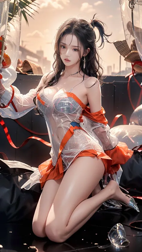 4，(((1 girl，unique, beautiful girl, bishoujo， (tempting:1.3)，desire，deep v，exposed breasts，wavy lines，fold，cleavage cutout，shock...