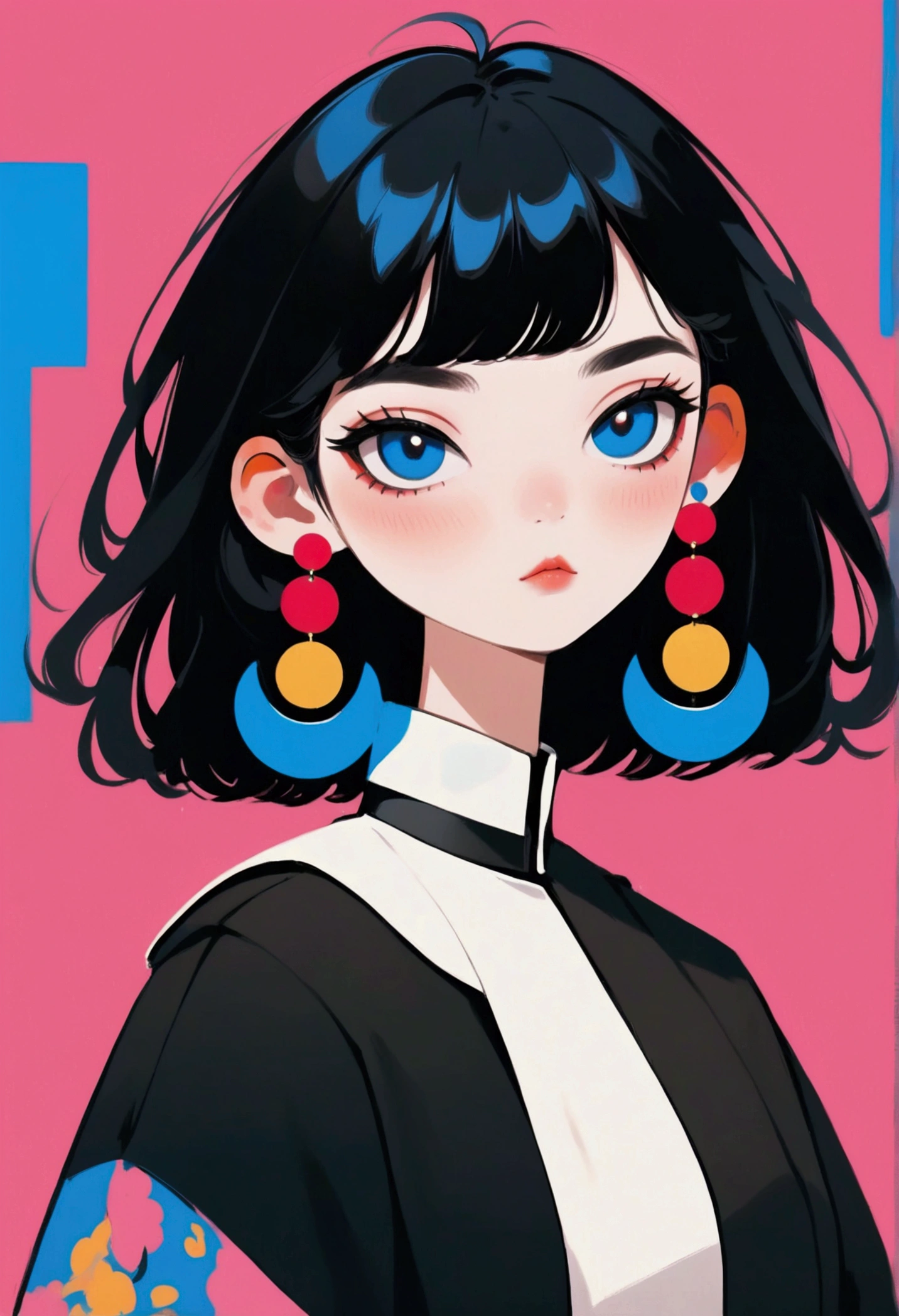 short, straight black hair with bangs, large round white and red earrings, standing with head turned to the side, wearing a black top with a blue collar, looking towards the right, pink background, bold and colorful illustration style, well-defined edges, high contrast colors, bright and lively atmosphere, artistic and modern.