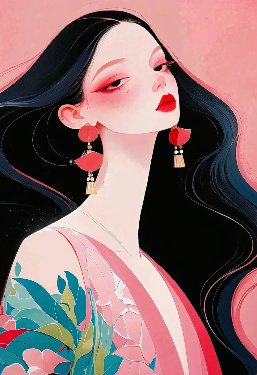 painting of a woman with a pink dress and red lips, rossdraws pastel vibrant, inspired by james jean, loish |, loish art style, ...