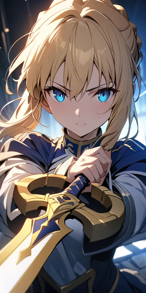 (masterpiece:1.2), (highest quality:1.2), Perfect Eyes, Perfect Face, Perfect lighting,1girl，to know, holding sword artoria pendragon \(fate\), fate \(series\) perspective beautiful, aesthetic, detailed, beautiful color amazing quality, best quality, high quality,Arena