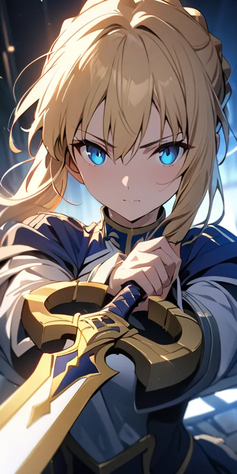 (masterpiece:1.2), (highest quality:1.2), perfect eyes, perfect face, perfect lighting,1girl，to know, holding sword artoria pend...