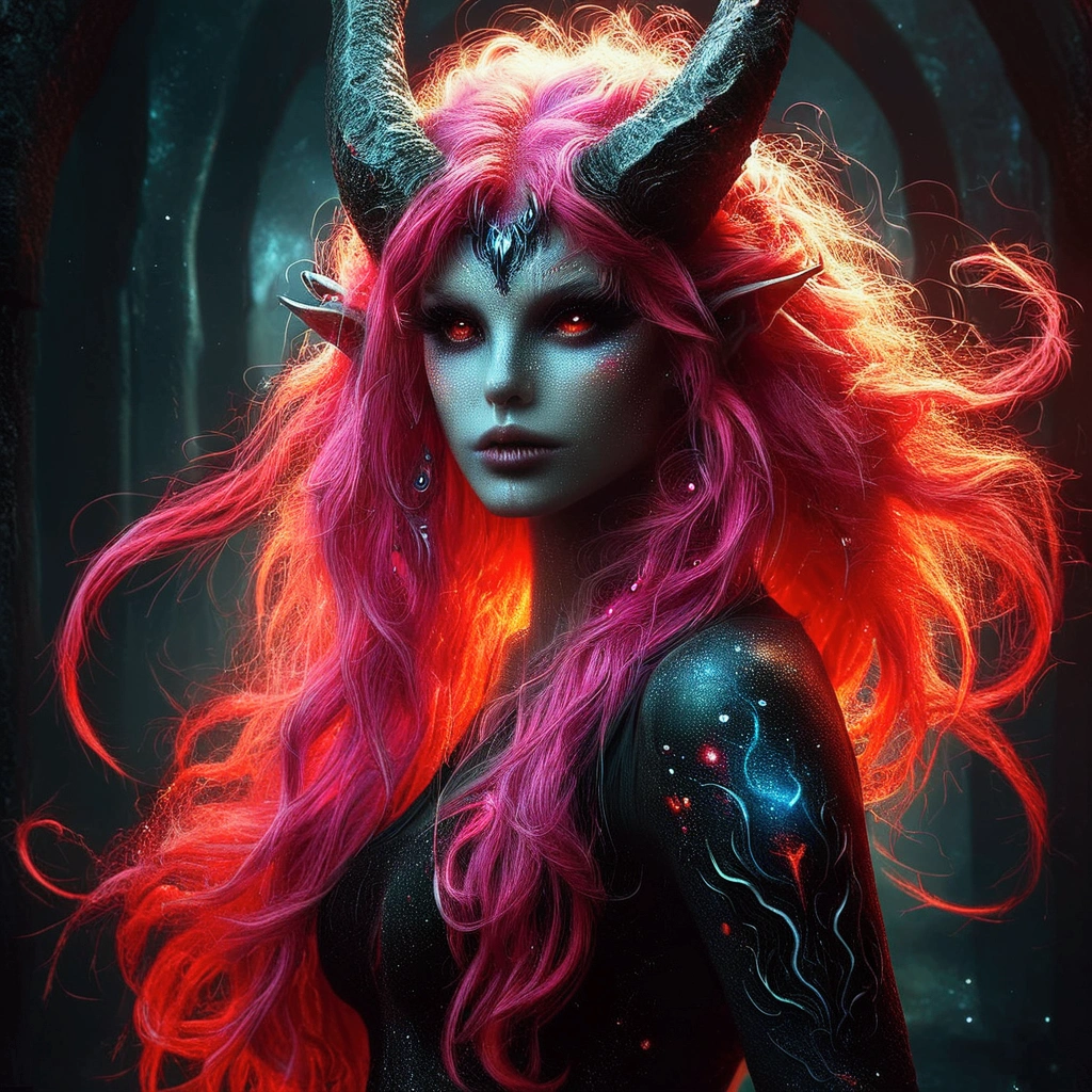 brightly colored hair of a woman with horns and horns on her head, epic fantasy art style hd, colorfull digital fantasy art, epic fantasy digital art style, epic fantasy art style, demon girl, fantasy digital art, fantasy dark art, dark fantasy digital art, portrait of demon girl, detailed fantasy digital art, amazing fantasy art, gorgeous digital art, beautiful succubus